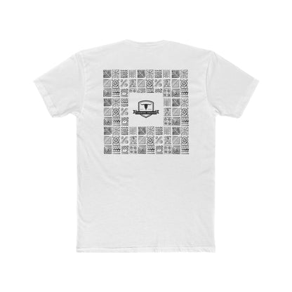 White t-shirt with graphic of aztec patterns arranged in a square with country enough logo in the center #white