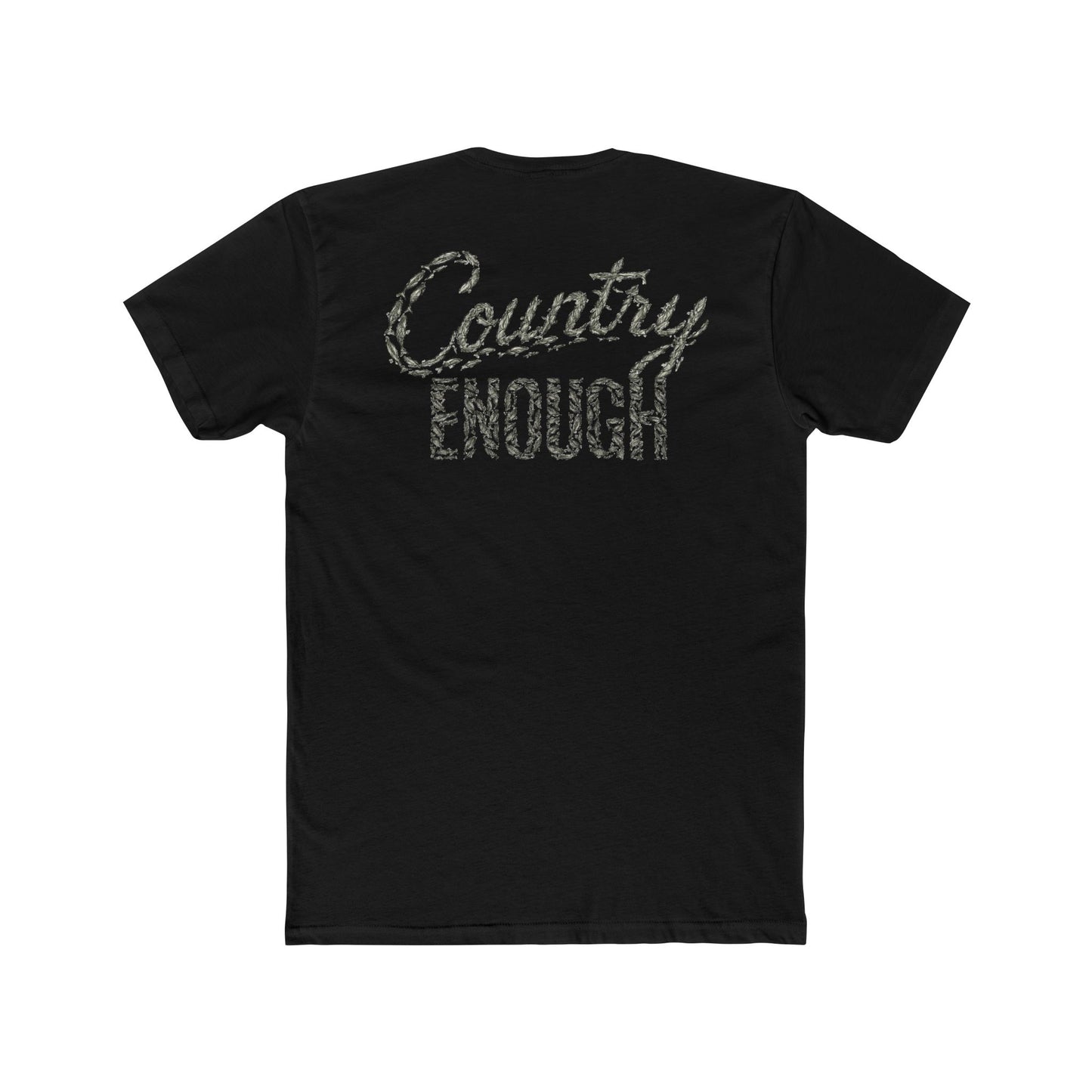 Black t-shirt with graphic of the words country enough shaped with fish #black