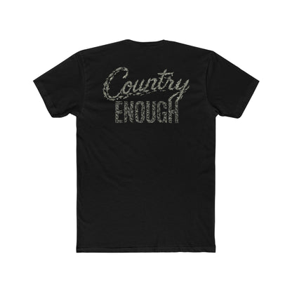Black t-shirt with graphic of the words country enough shaped with fish #black