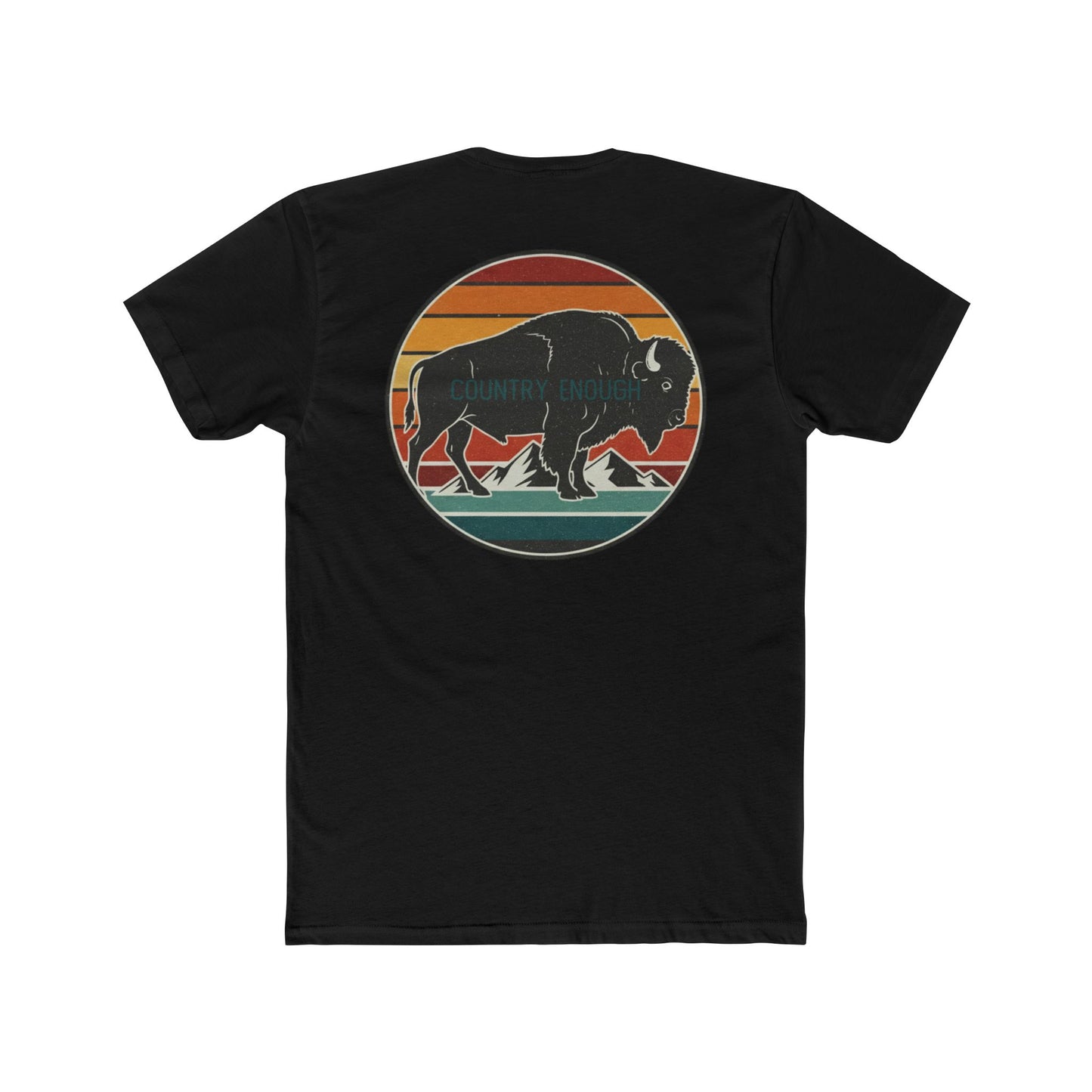 Black t-shirt with a bison, sunset and mountain landscape graphic #black