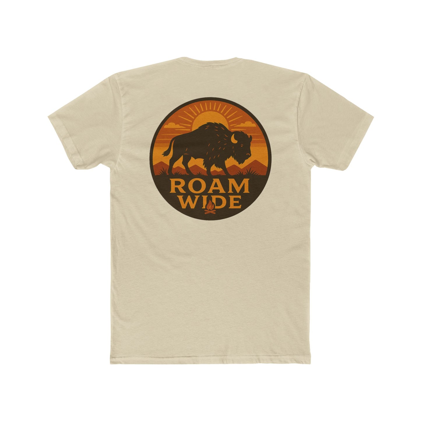 Cream t-shirt with circular graphic with a bison, mountains, campfire, sun shining, and the words roam wide #cream
