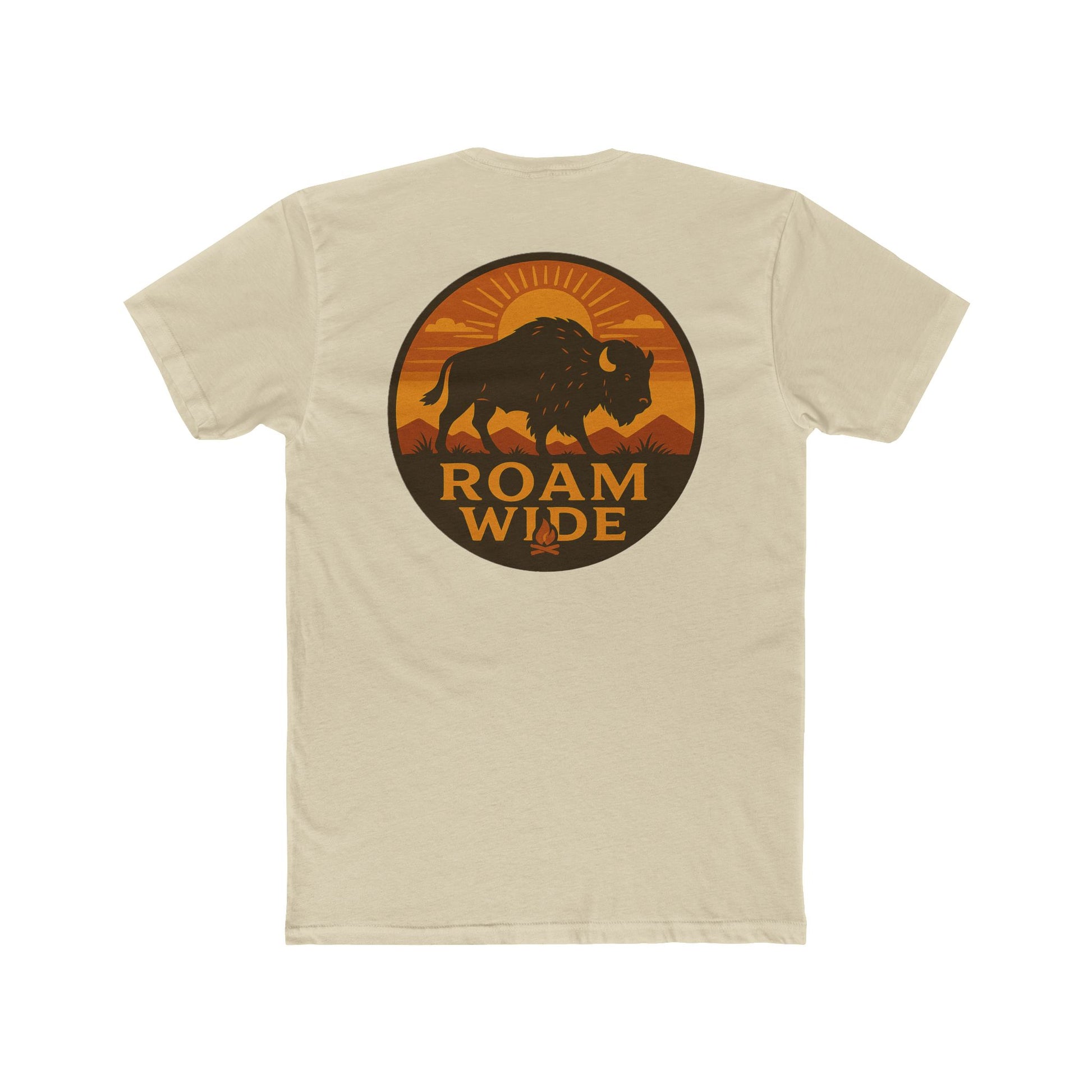Cream t-shirt with circular graphic with a bison, mountains, campfire, sun shining, and the words roam wide #cream