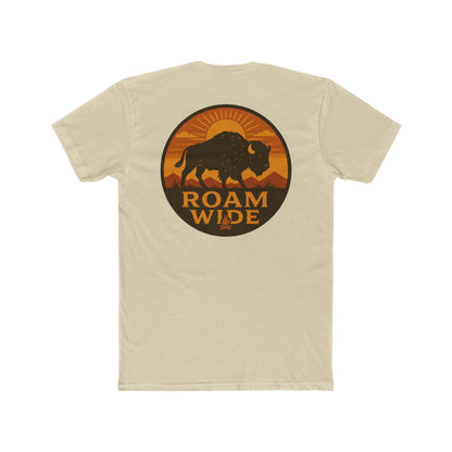 Cream t-shirt with circular graphic with a bison, mountains, campfire, sun shining, and the words roam wide #cream