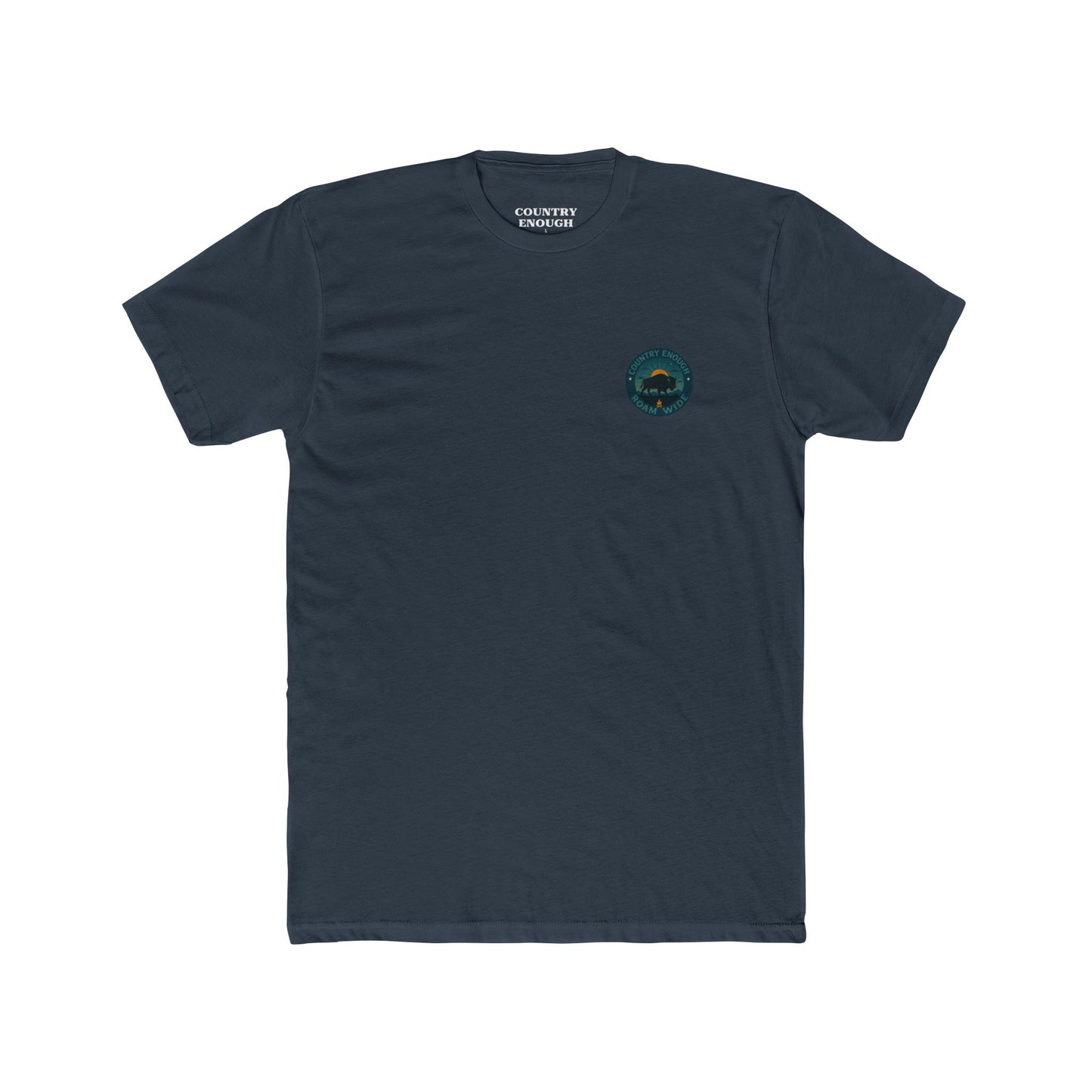 Indigo T-Shirt with graphic of bison, sun, mountains, and the words roam wide #indigo