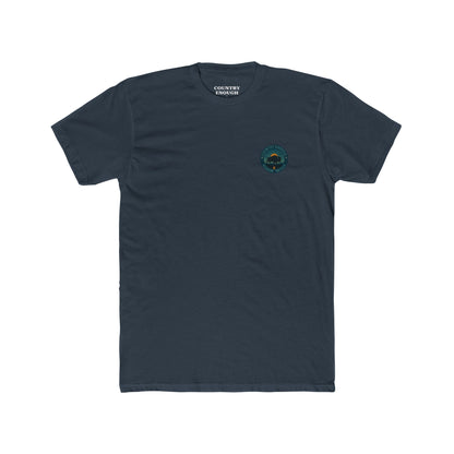 Indigo T-Shirt with graphic of bison, sun, mountains, and the words roam wide #indigo
