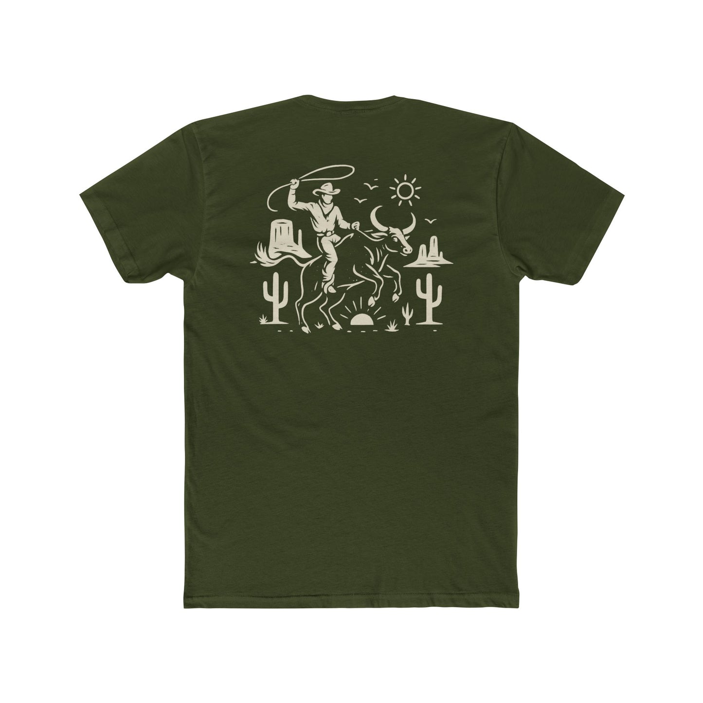 Military Green t-shirt with graphic of a cowboy lassoing on top of a bull in a desert landscape #militarygreen