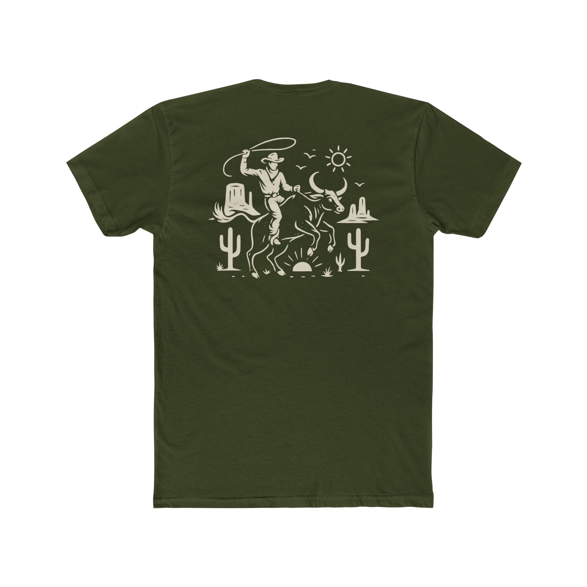 Military Green t-shirt with graphic of a cowboy lassoing on top of a bull in a desert landscape #militarygreen