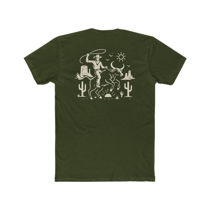 Military Green t-shirt with graphic of a cowboy lassoing on top of a bull in a desert landscape #militarygreen