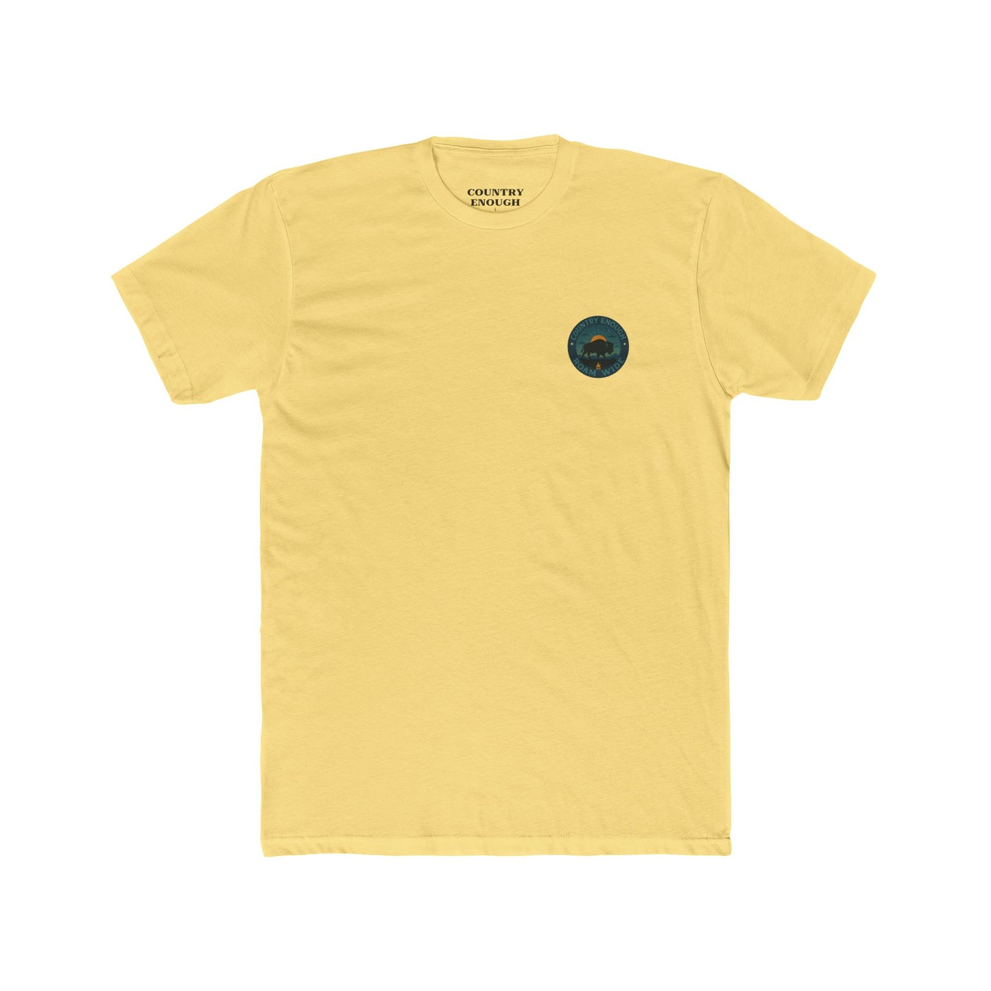 Yellow T-Shirt with graphic of bison, sun, mountains, and the words roam wide #yellow