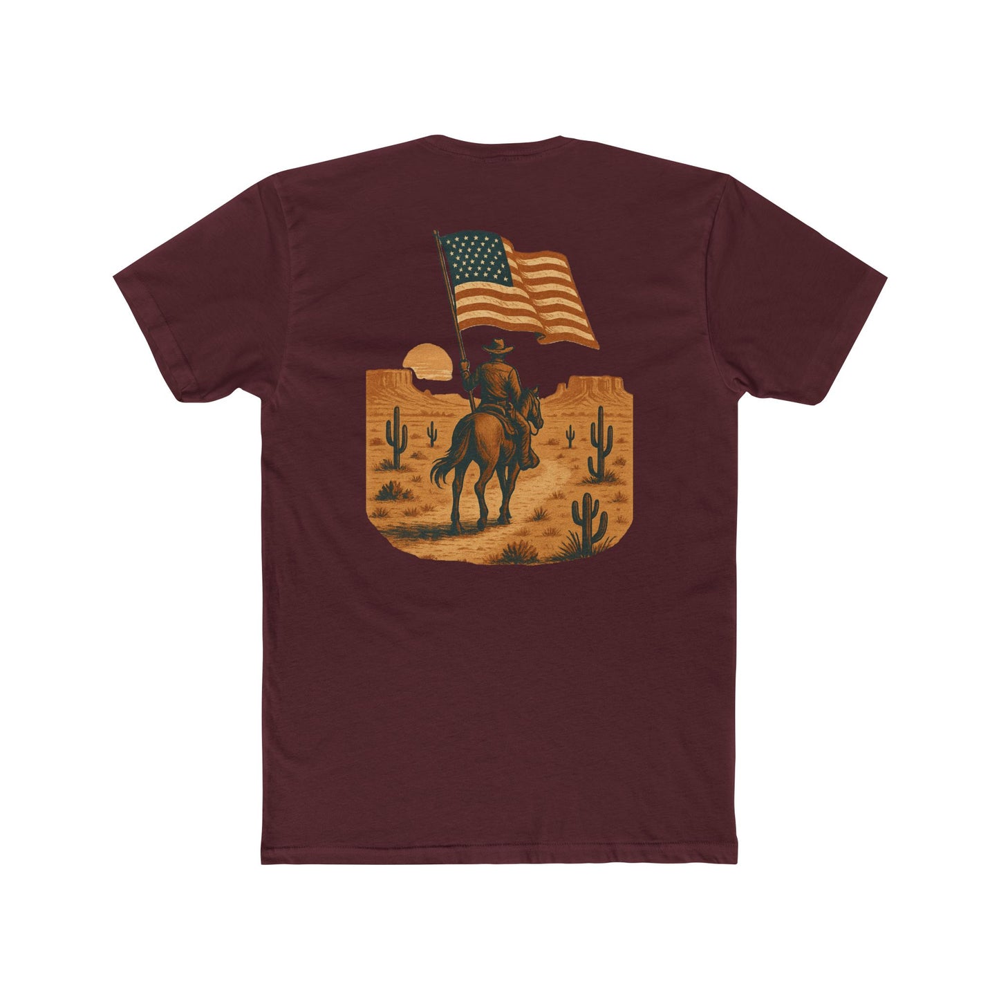 Maroon t-shirt with graphic of western horse and rider holding the American flag in the desert with cacti at sunset #maroon