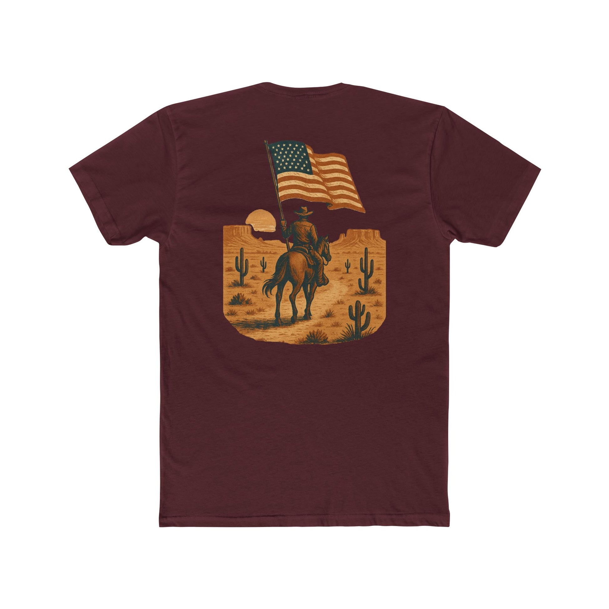 Maroon t-shirt with graphic of western horse and rider holding the American flag in the desert with cacti at sunset #maroon