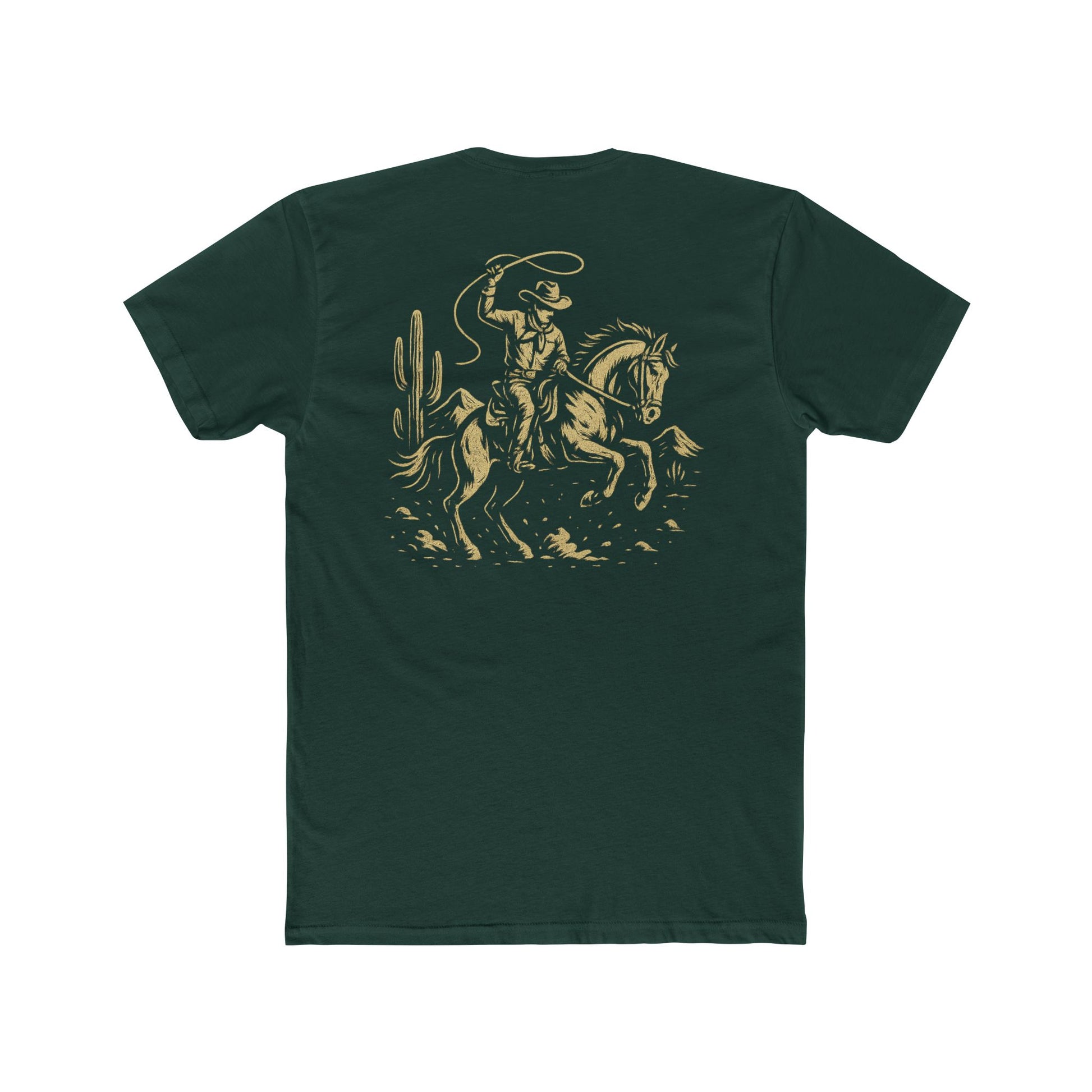 Forest Green t-shirt with graphic of monochrome horse rider, lasso, and western landscape #forestgreen