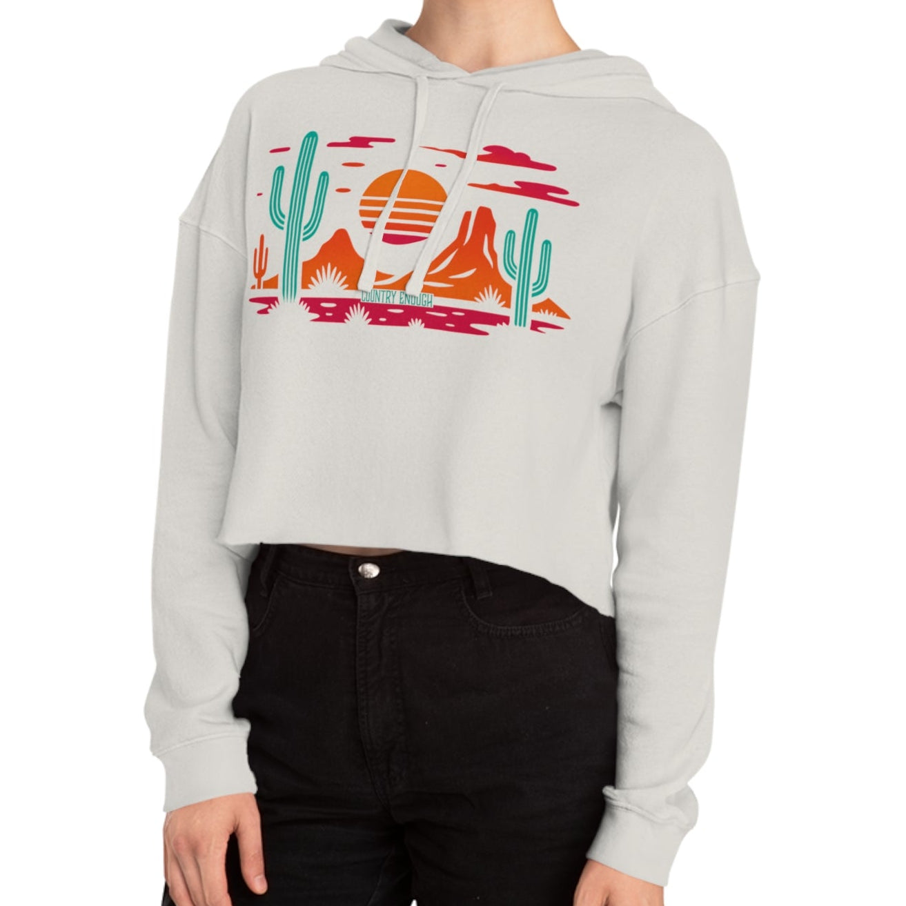 Bone hoodie with a vibrant Southwestern landscape, cacti & mountains graphic #bone
