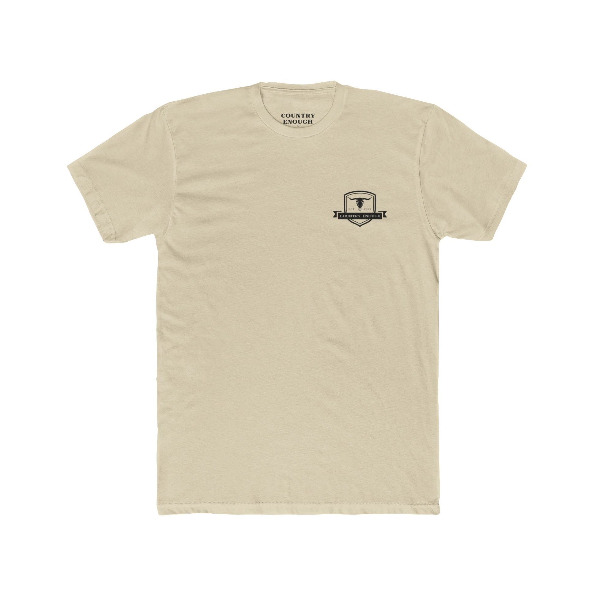 Cream t-shirt with graphic of aztec patterns arranged in a square with country enough logo in the center #cream