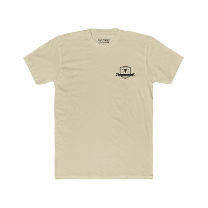 Cream t-shirt with graphic of aztec patterns arranged in a square with country enough logo in the center #cream