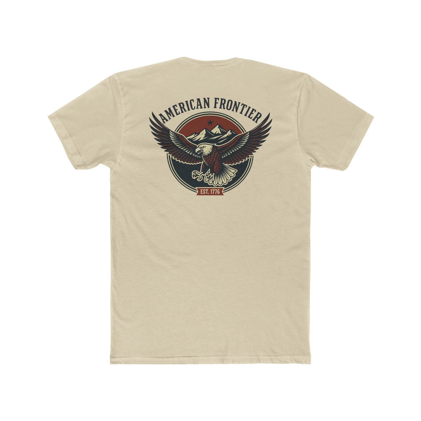 Cream t-shirt featuring graphic of an eagle, mountains, and the words American Frontier Est 1776 #cream