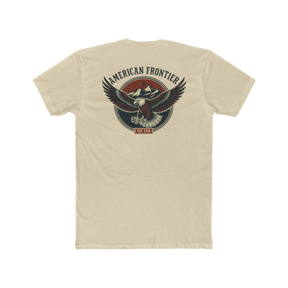 Cream t-shirt featuring graphic of an eagle, mountains, and the words American Frontier Est 1776 #cream