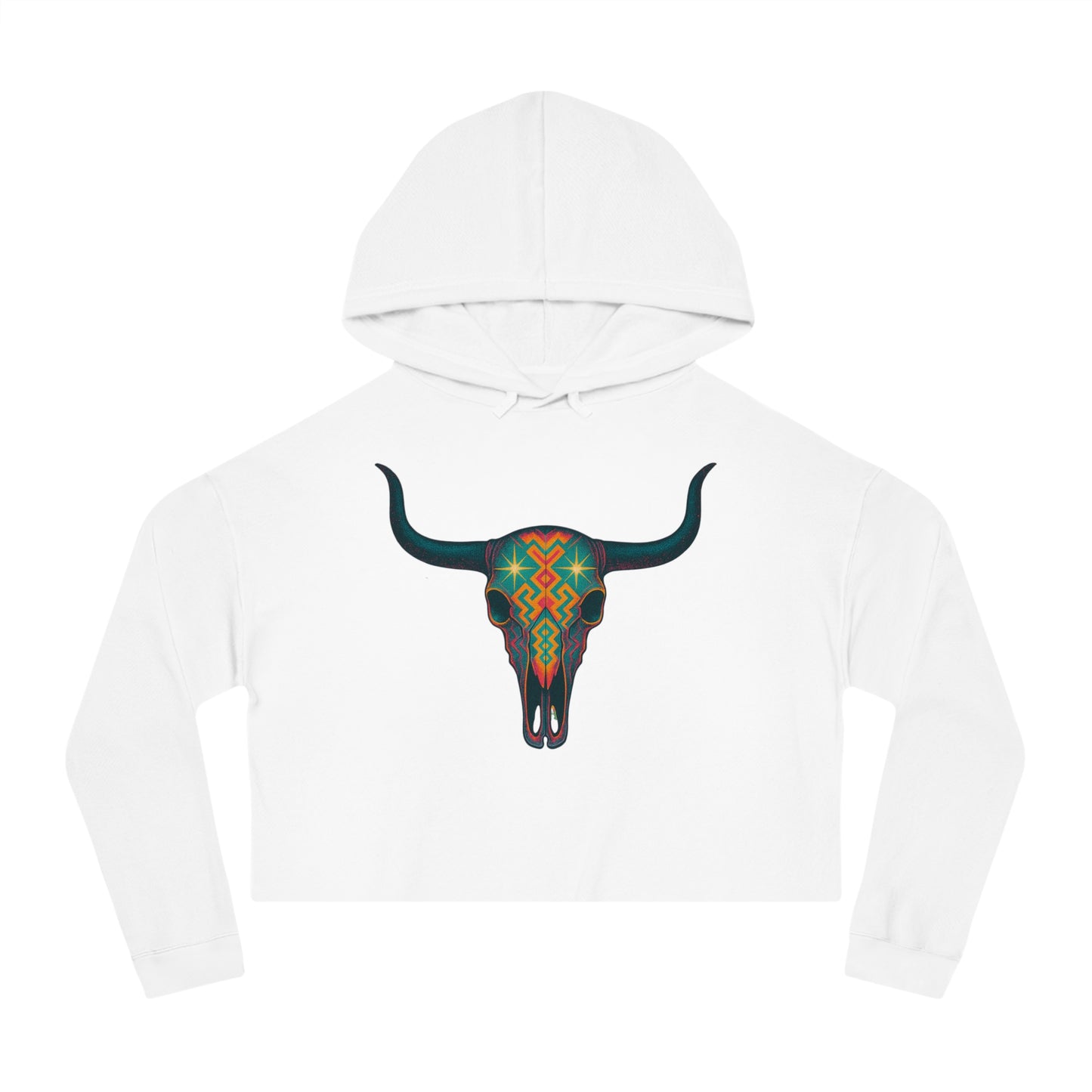 White hoodie with a colorful bull skull design #white