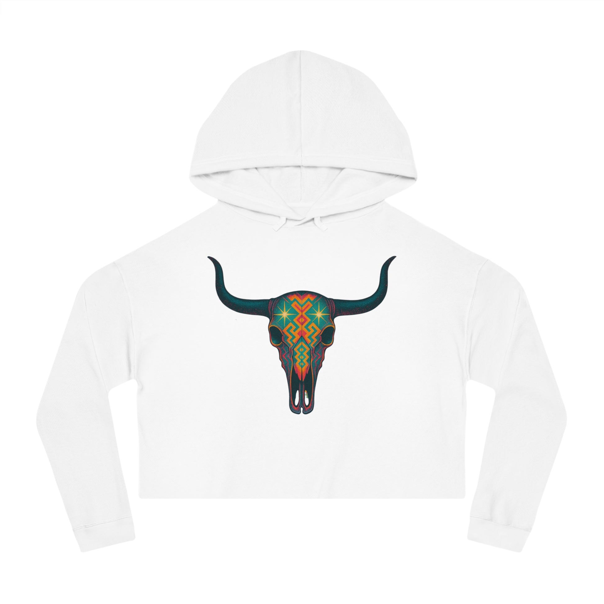 White hoodie with a colorful bull skull design #white