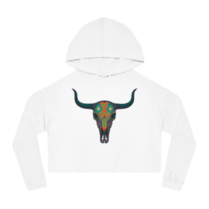 White hoodie with a colorful bull skull design #white