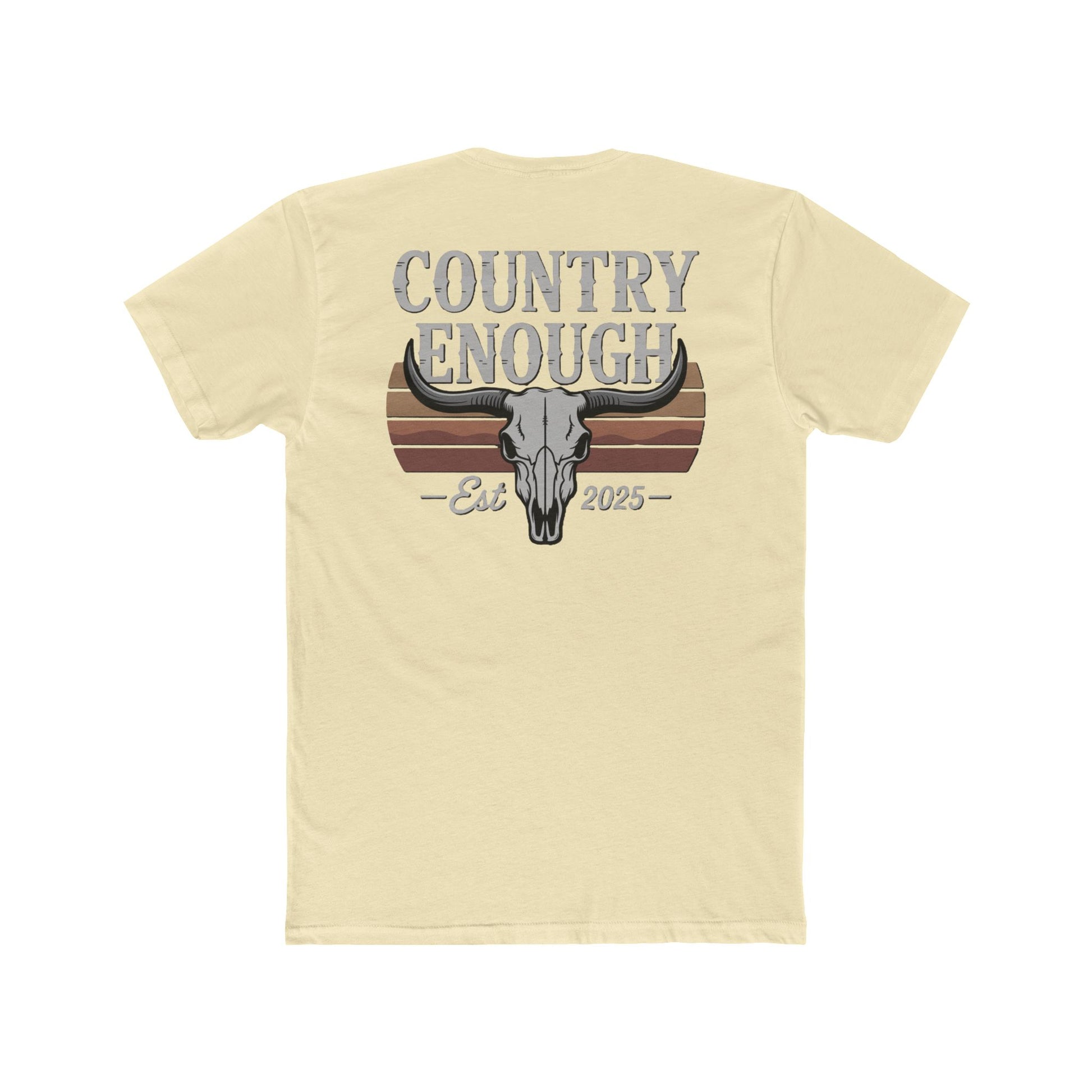 Natural t-shirt with vintage retro graphic of a bull skull and words country enough EST 2025 #natural