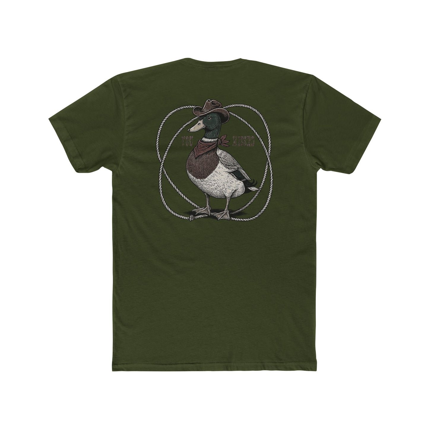 Military Green t-shirt with a graphic of a duck wearing a cowboy hat and bandana with rope border and the words you missed #militarygreen