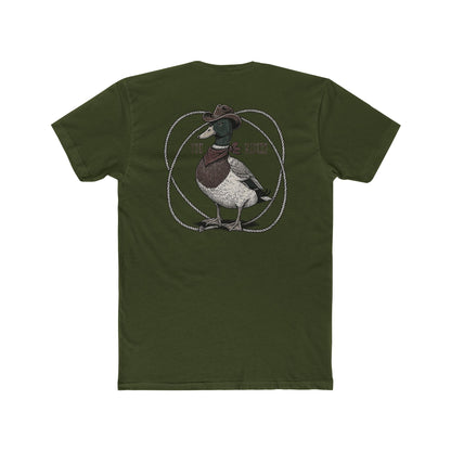 Military Green t-shirt with a graphic of a duck wearing a cowboy hat and bandana with rope border and the words you missed #militarygreen