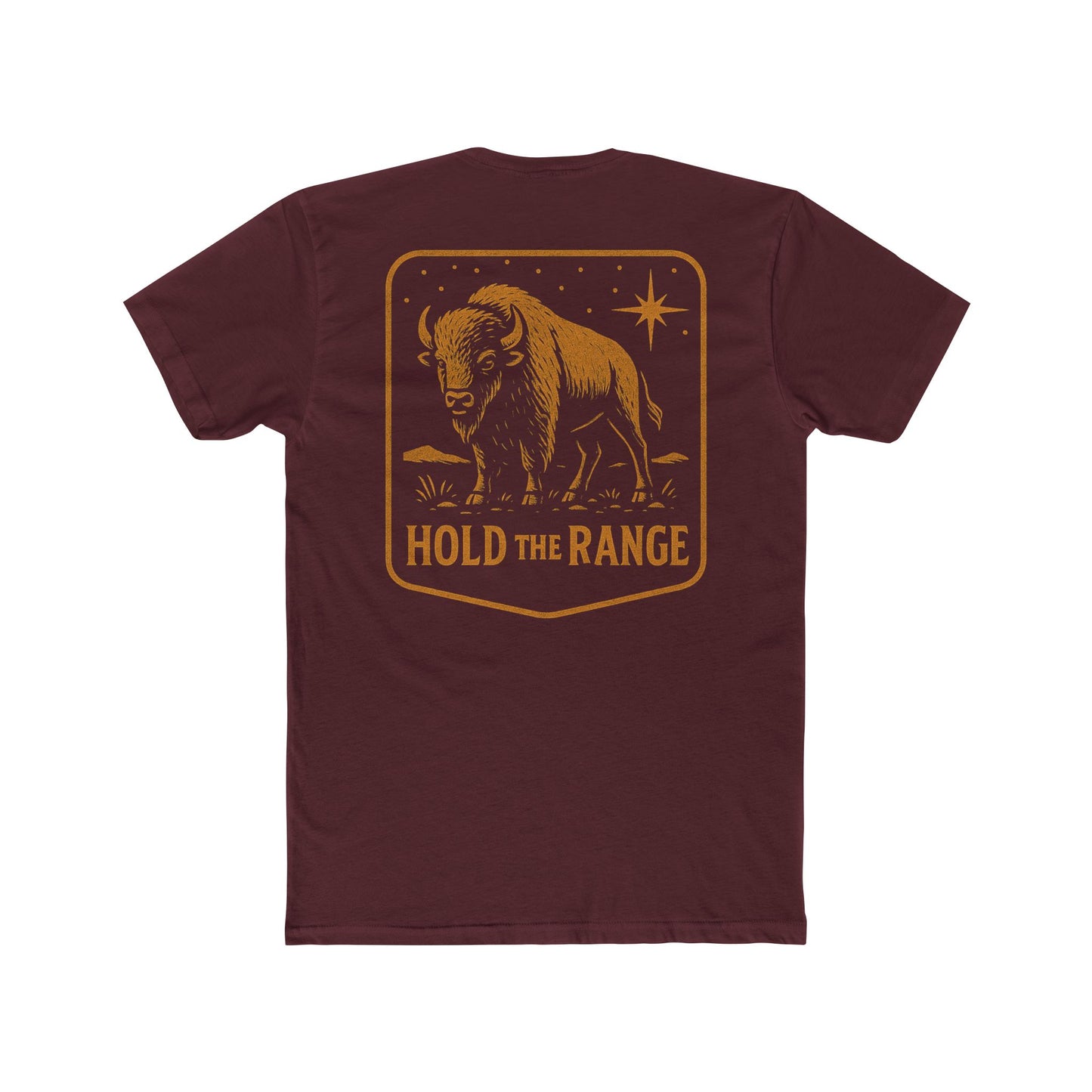 Maroon T-Shirt with a bison, starry sky, and the words hold the range encompassed with a geometric border #maroon
