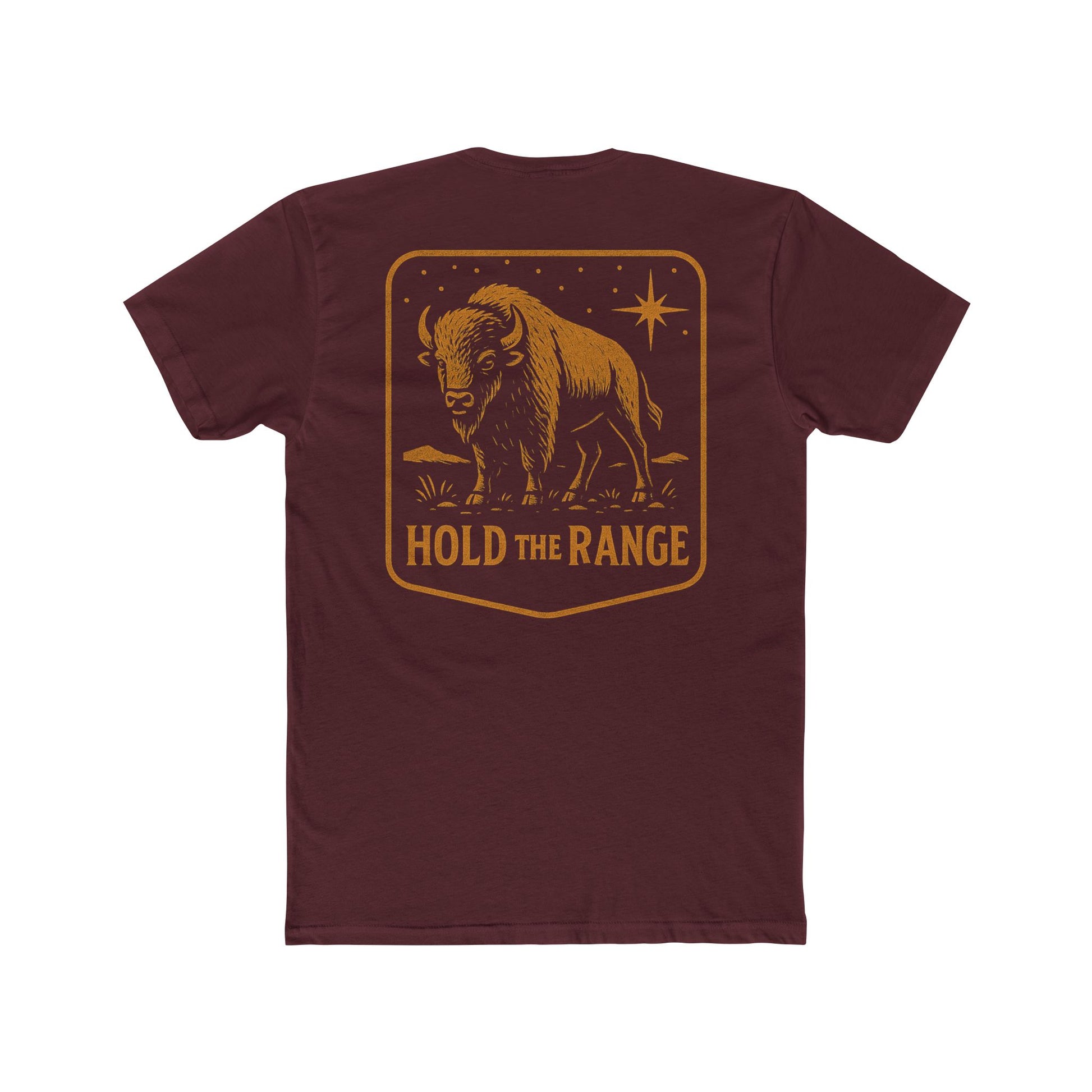 Maroon T-Shirt with a bison, starry sky, and the words hold the range encompassed with a geometric border #maroon