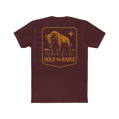 Maroon T-Shirt with a bison, starry sky, and the words hold the range encompassed with a geometric border #maroon