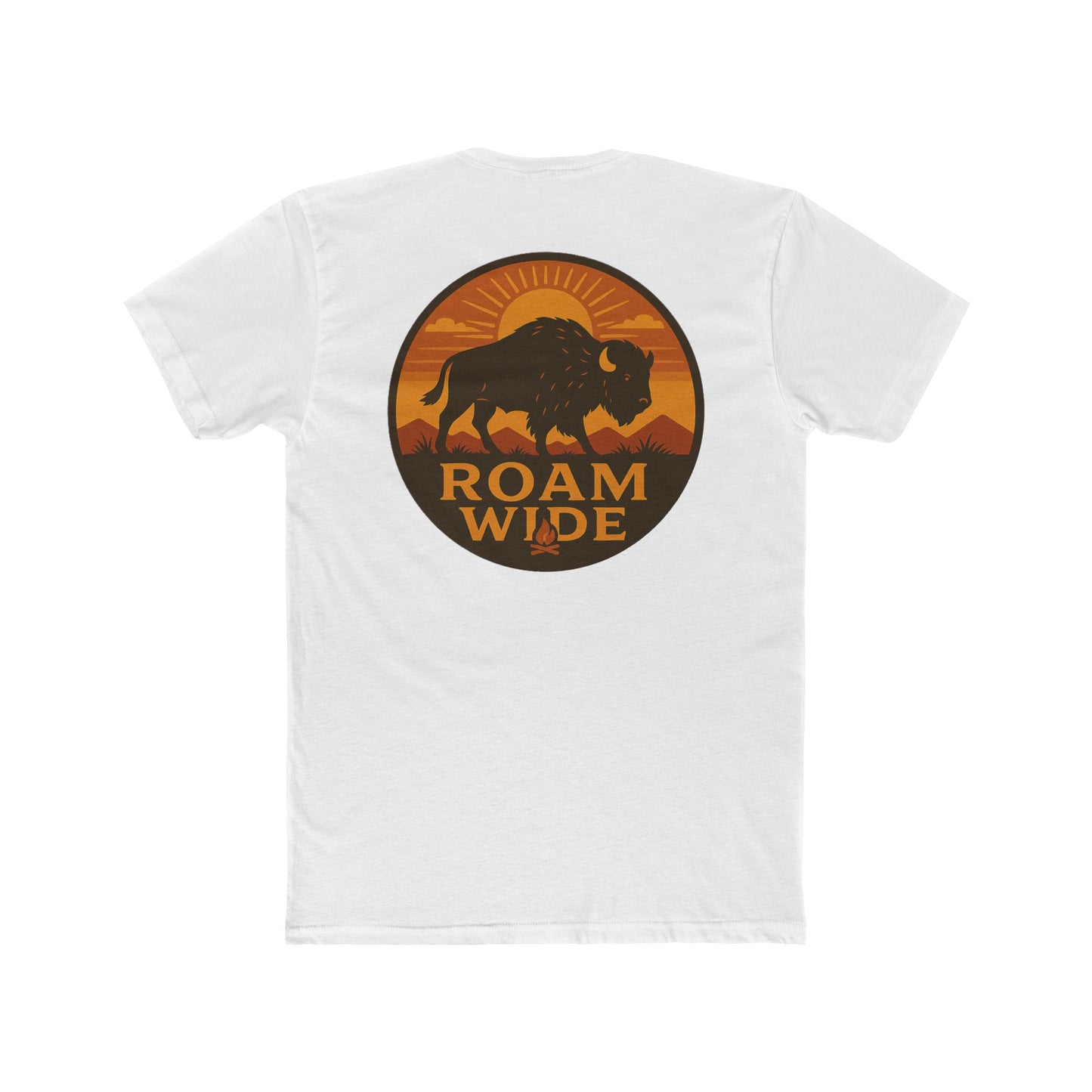 White t-shirt with circular graphic with a bison, mountains, campfire, sun shining, and the words roam wide #white