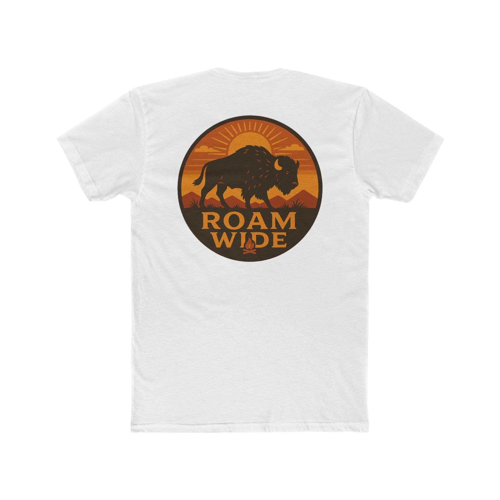 White t-shirt with circular graphic with a bison, mountains, campfire, sun shining, and the words roam wide #white