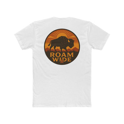 White t-shirt with circular graphic with a bison, mountains, campfire, sun shining, and the words roam wide #white