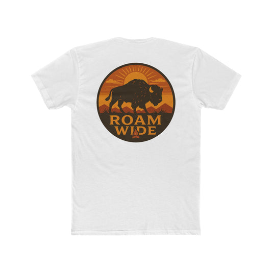 White t-shirt with circular graphic with a bison, mountains, campfire, sun shining, and the words roam wide #white