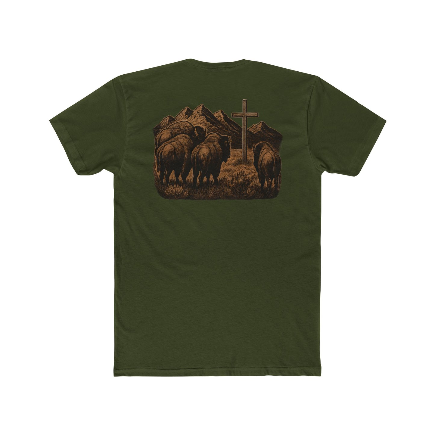 Military Green t-shirt with bison staring at a cross on the plains by the mountains #militarygreen