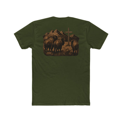 Military Green t-shirt with bison staring at a cross on the plains by the mountains #militarygreen