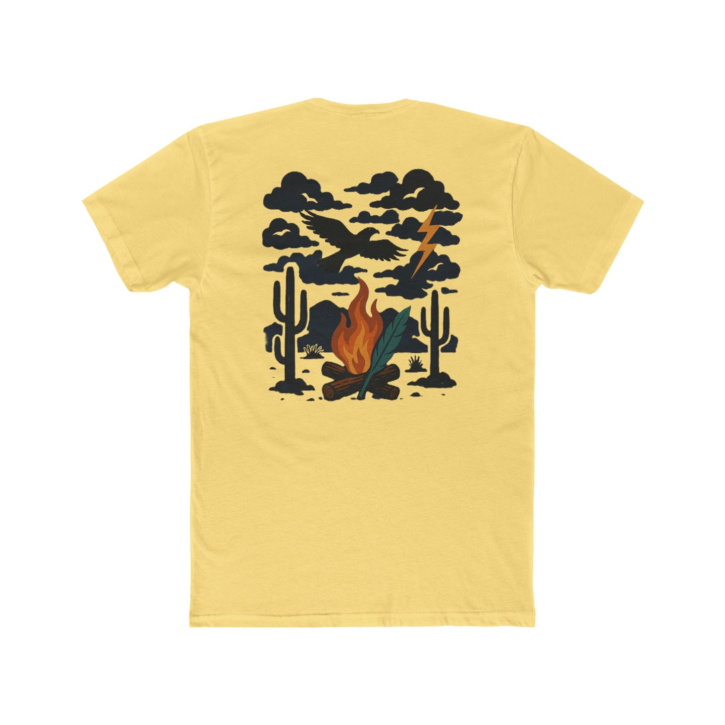 Yellow t-shirt with graphic of clouds, lightning, bird, a campfire, cacti in a desert landscape #yellow