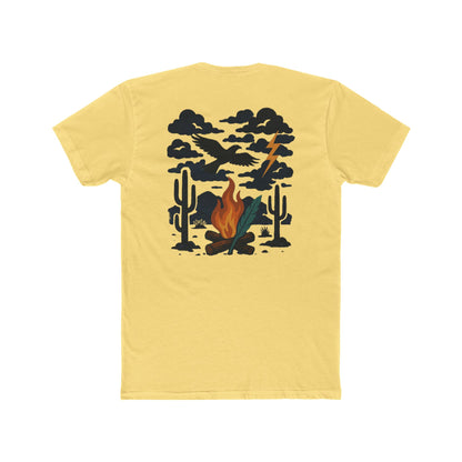 Yellow t-shirt with graphic of clouds, lightning, bird, a campfire, cacti in a desert landscape #yellow