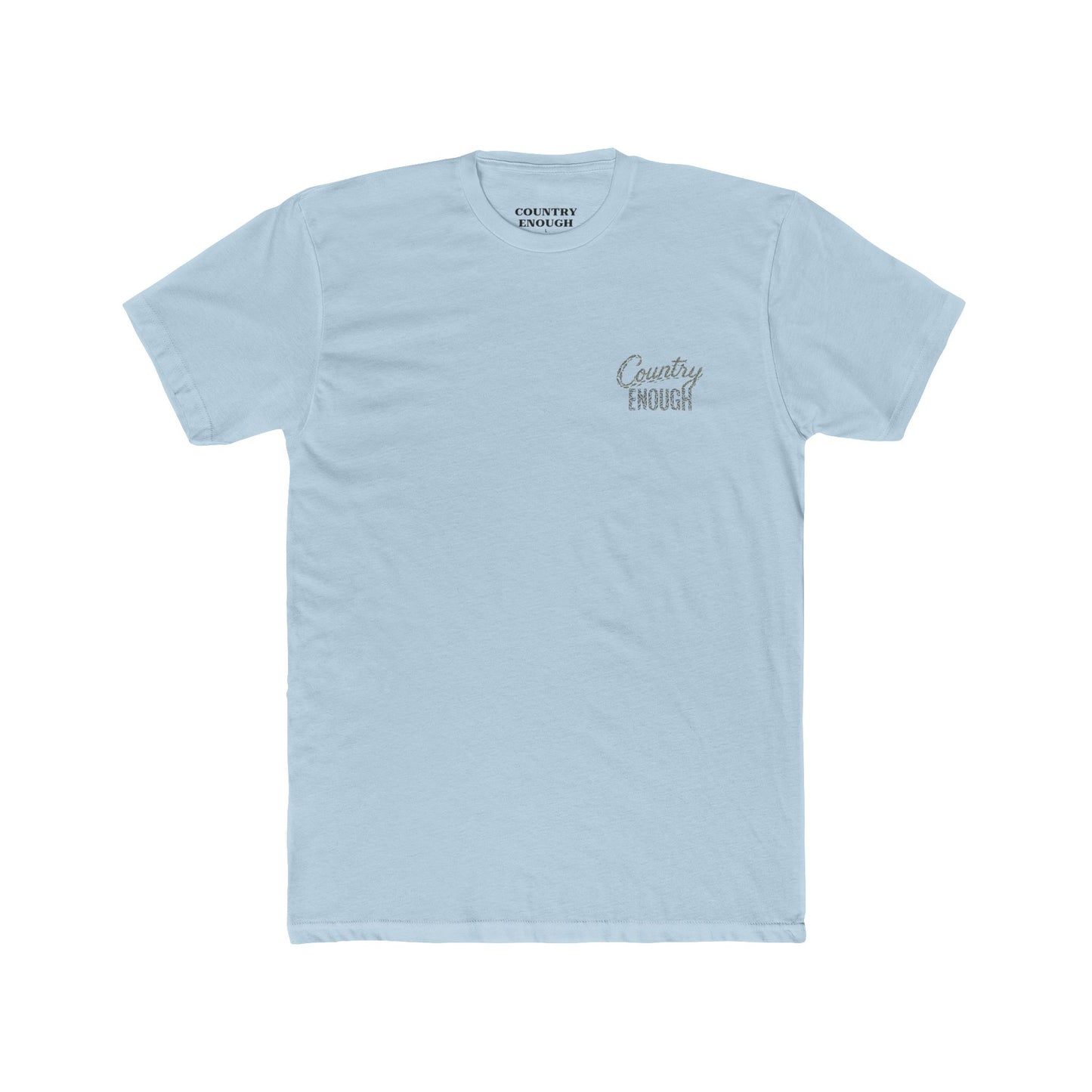 Light Blue t-shirt with graphic of the words country enough shaped with fish #lightblue