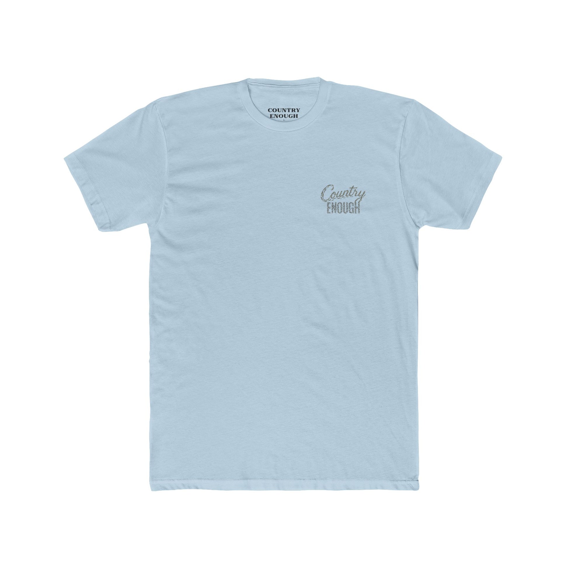 Light Blue t-shirt with graphic of the words country enough shaped with fish #lightblue