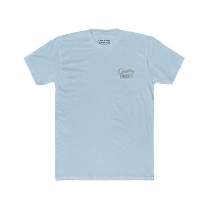Light Blue t-shirt with graphic of the words country enough shaped with fish #lightblue