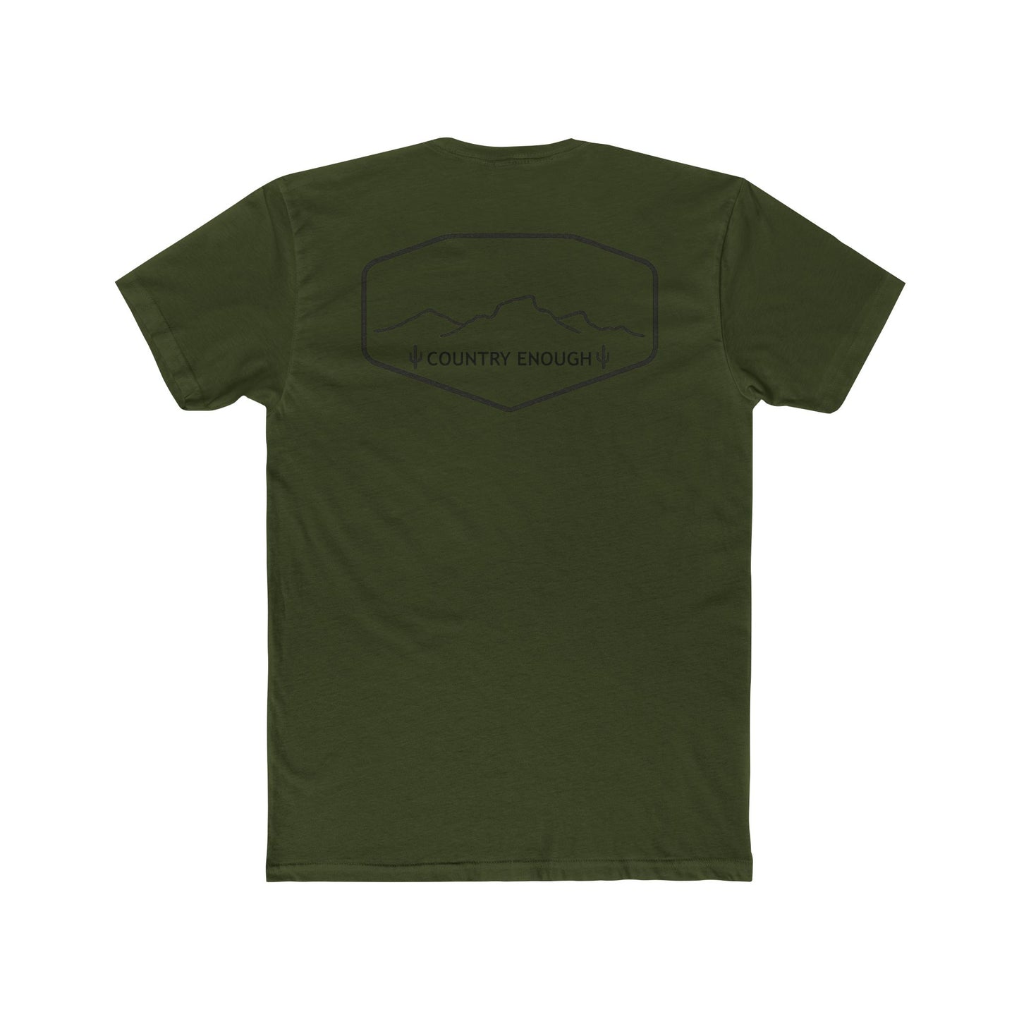 Military Green t-shirt with graphic of a line mountain drawing, cacti and the words Country Enough #militarygreen