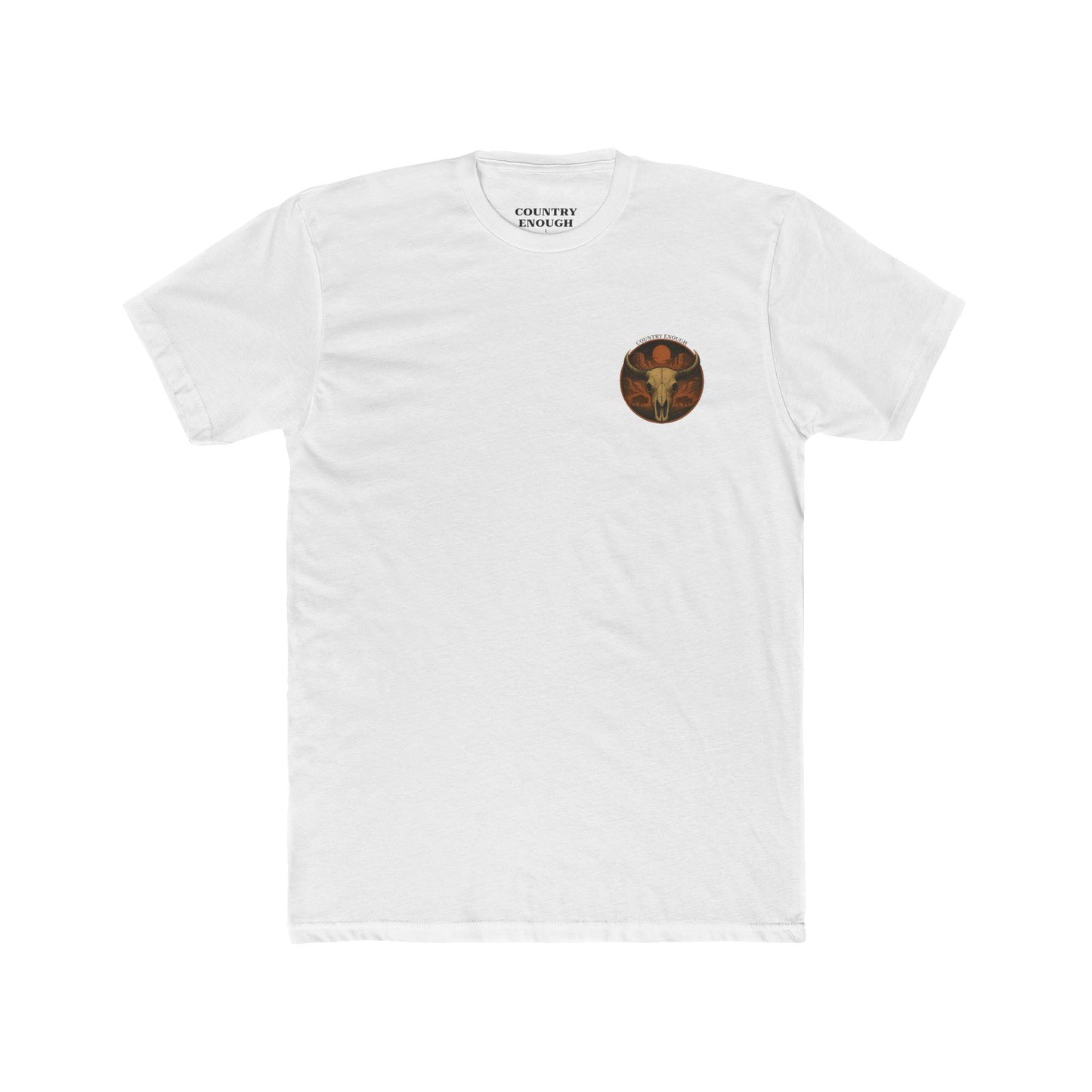 White t-shirt with graphic of bison skull, bison silhouettes, valley landscape, and a sun #white