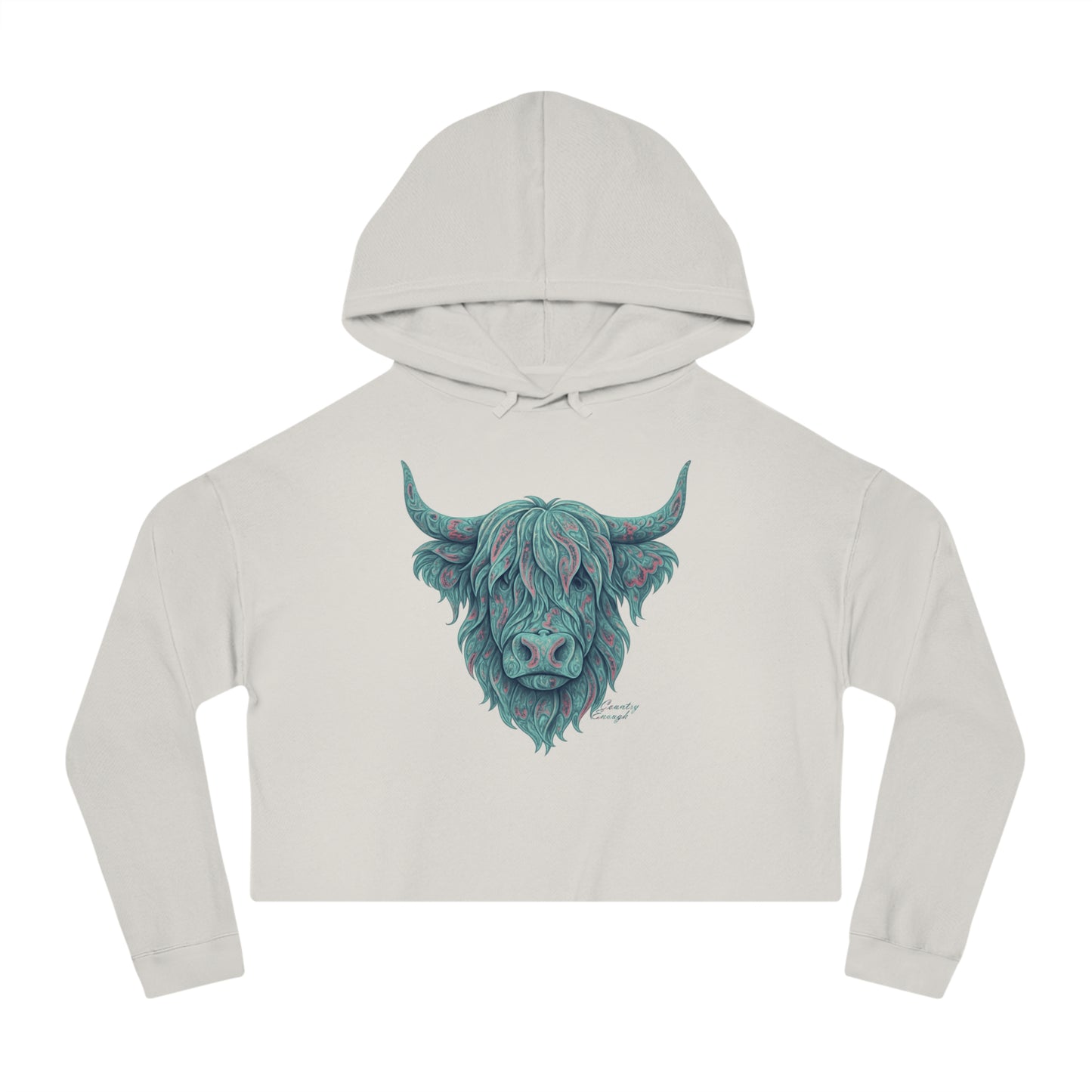 Bone crop hoodie with a vibrant Paisley Highland Cow graphic #bone