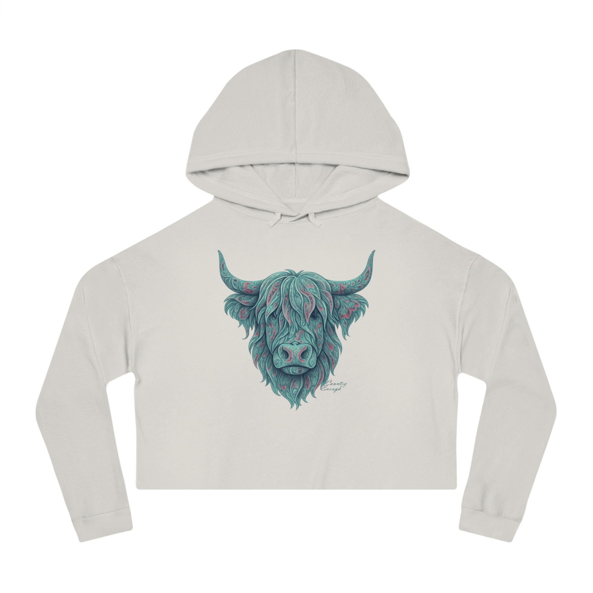 Bone crop hoodie with a vibrant Paisley Highland Cow graphic #bone