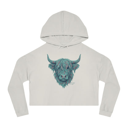 Bone crop hoodie with a vibrant Paisley Highland Cow graphic #bone