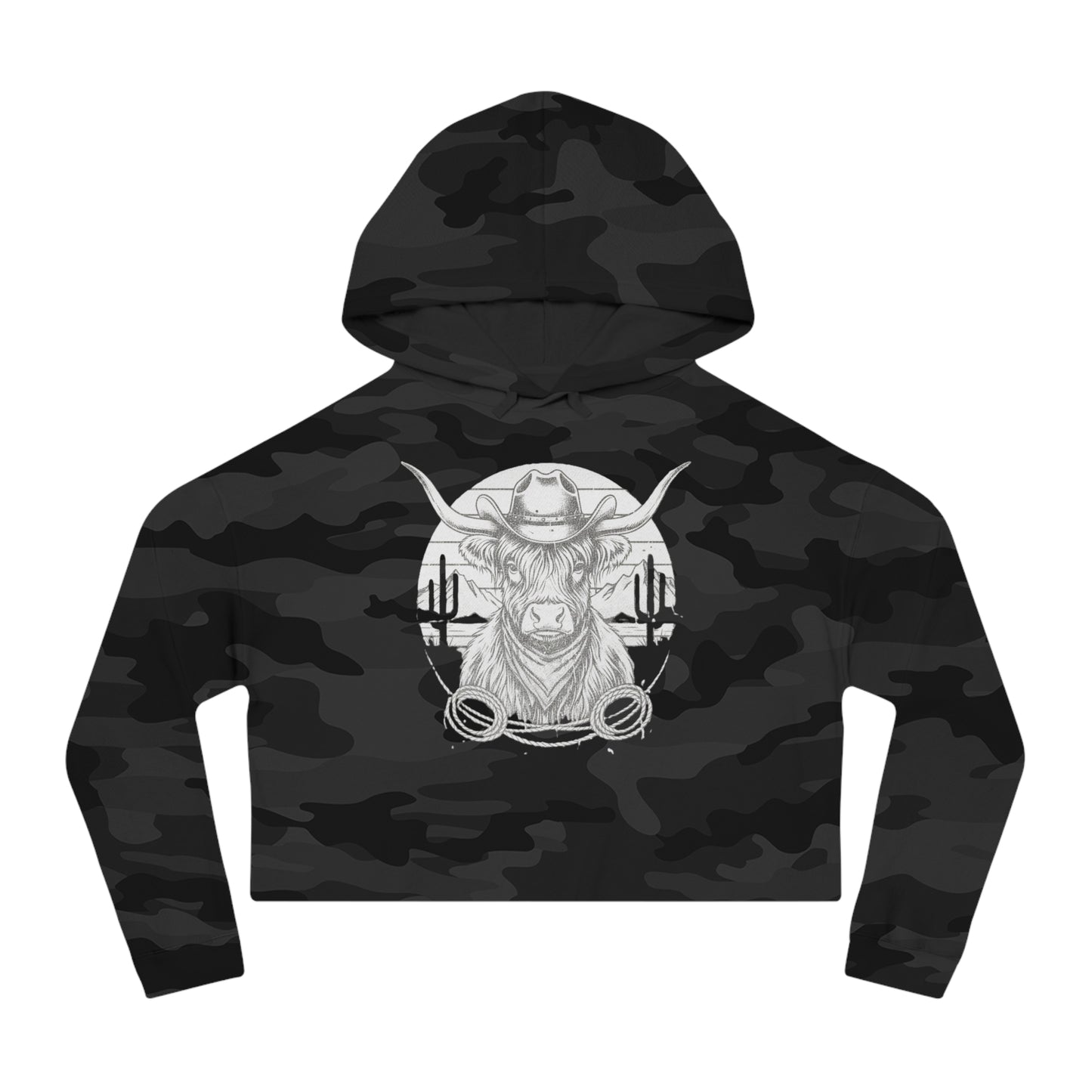 Black Camo hoodie with white highland cow and desert landscape graphic design on a white background #Blackcamo