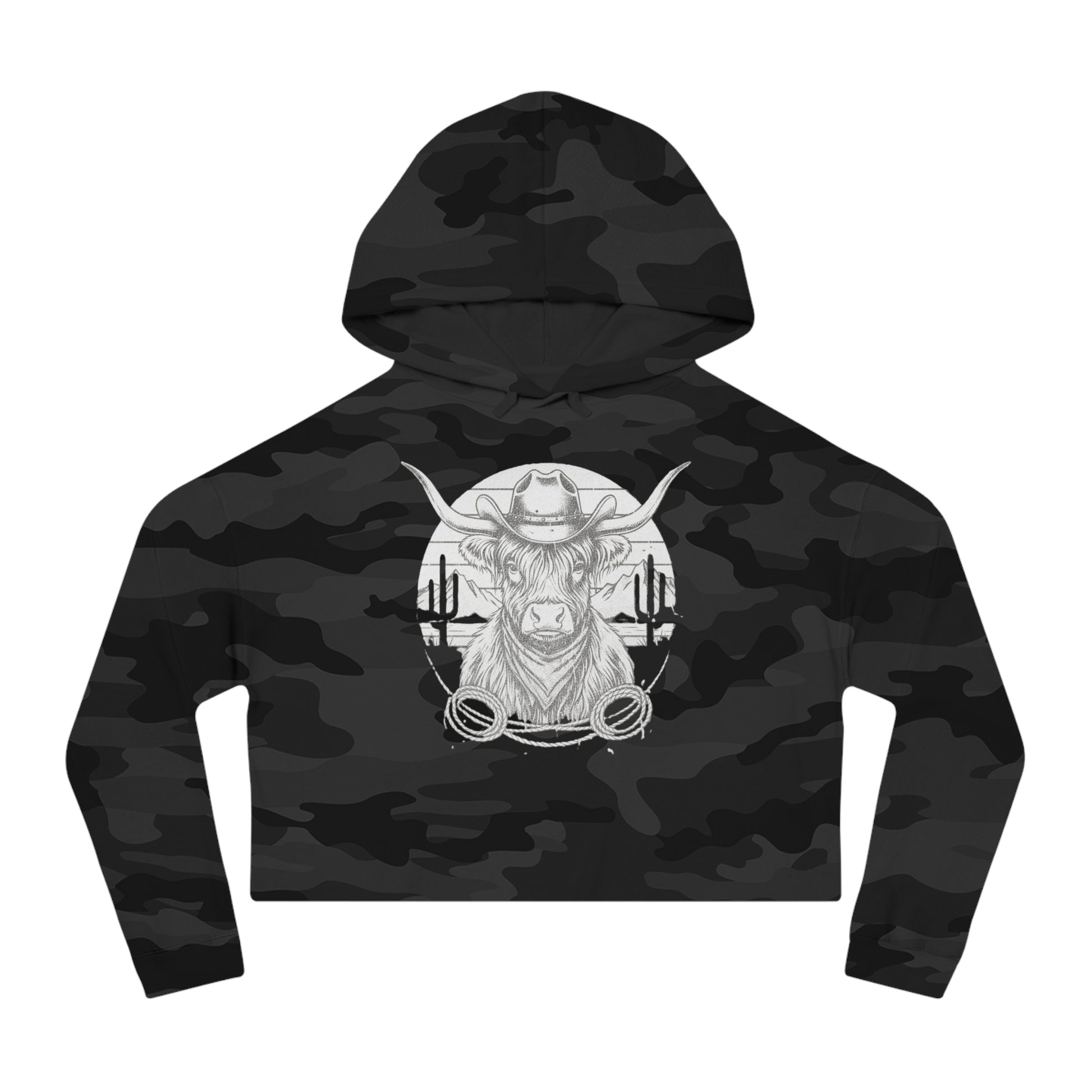 Black Camo hoodie with white highland cow and desert landscape graphic design on a white background #Blackcamo