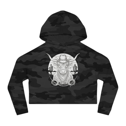 Black Camo hoodie with white highland cow and desert landscape graphic design on a white background #Blackcamo
