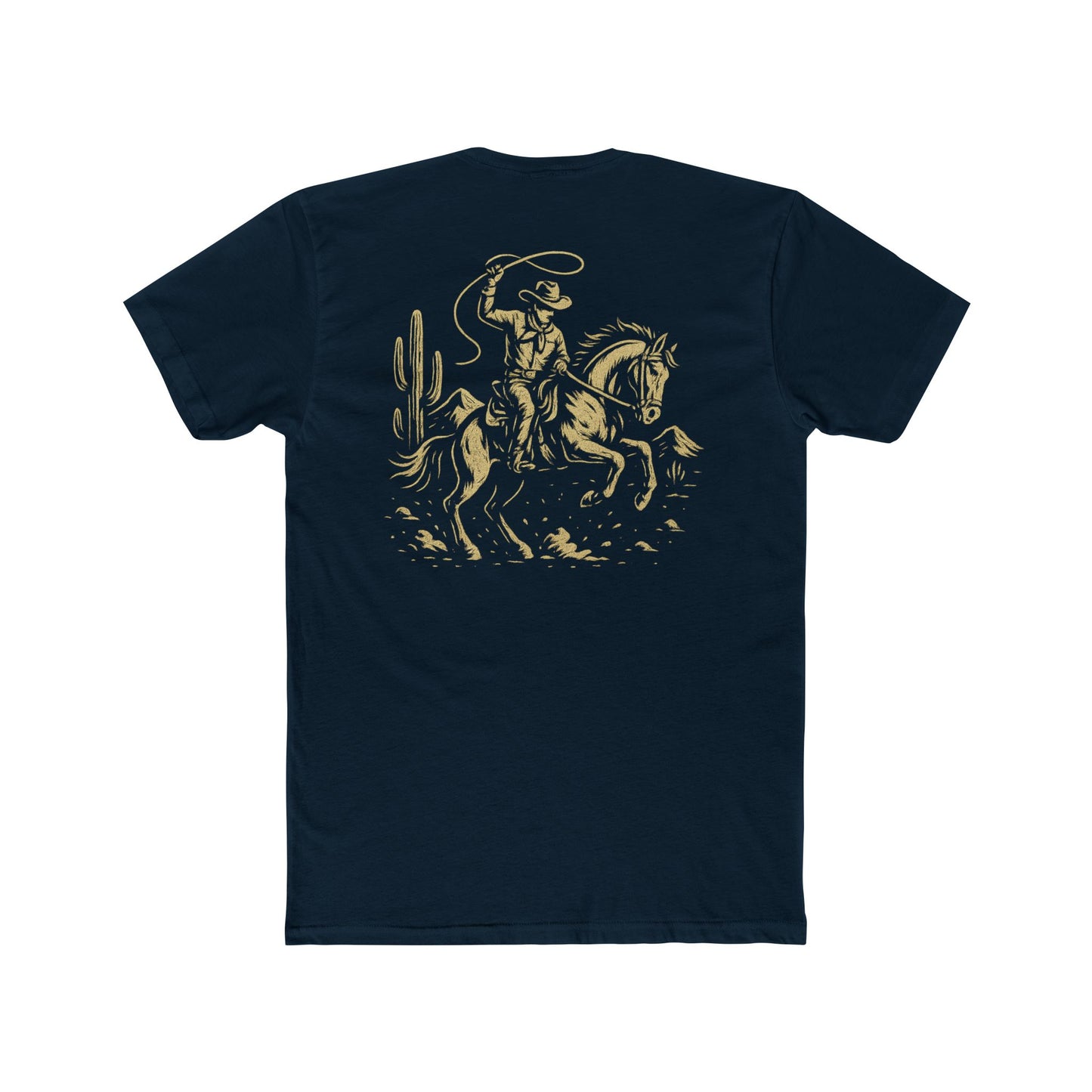 Midnight Navy t-shirt with graphic of monochrome horse rider, lasso, and western landscape #midnightnavy